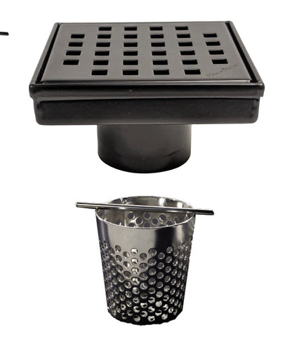 4 Inch Matte Black Square Shower Drain with Hair Trap Set (3 Designs)
