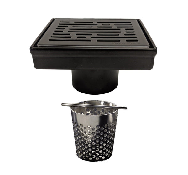4 Inch Matte Black Square Shower Drain with Hair Trap Set (3 Designs)