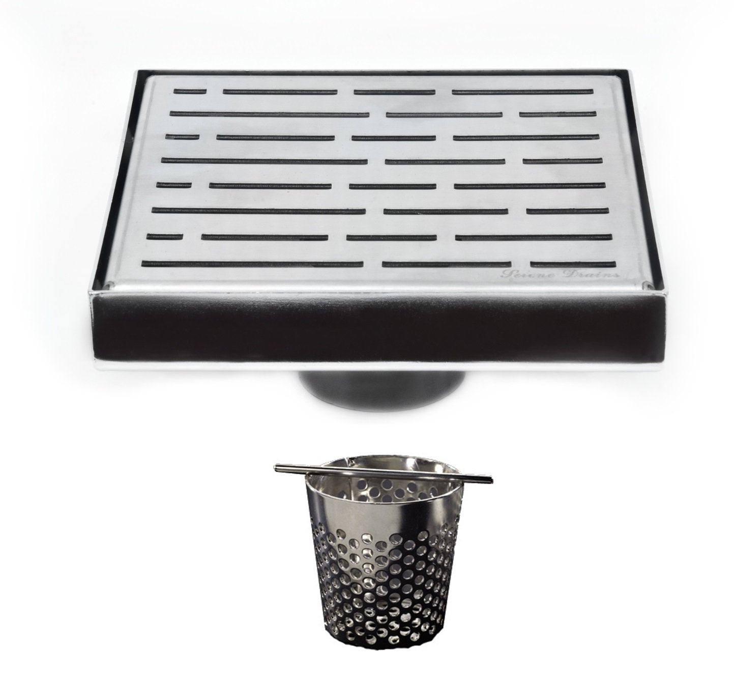 6 inch Polished Stainless Steel Square Shower Drain with Hair Trap Set (2 Designs)