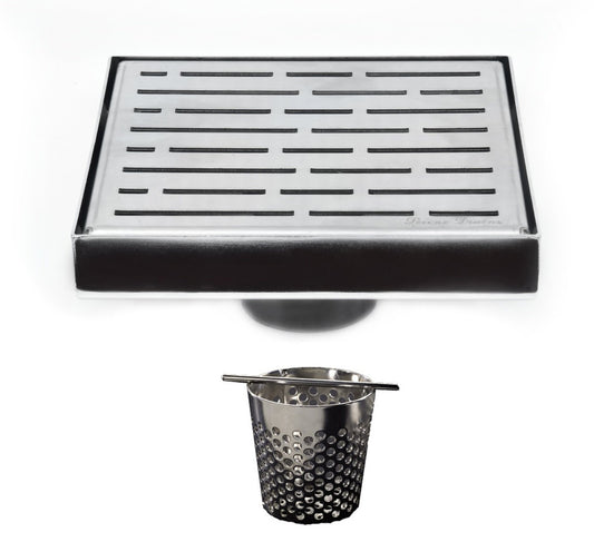 6 Inch Brushed Nickel Square Shower Drain with Hair Trap Set (2 Designs)