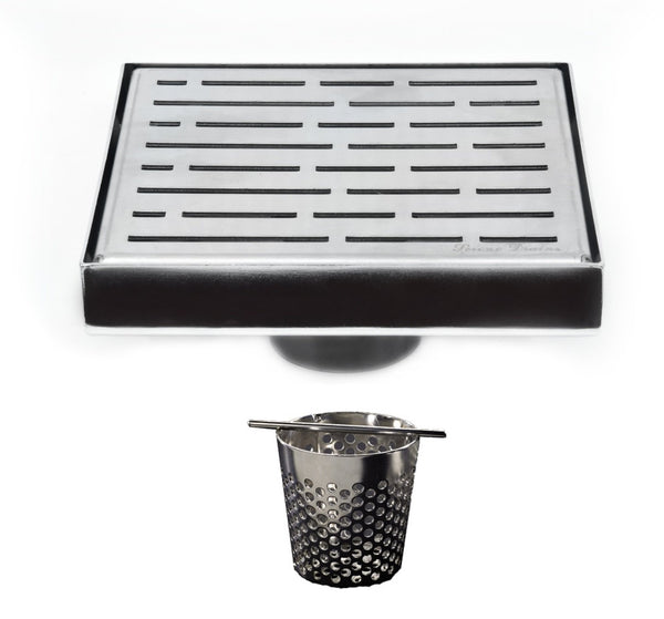 6 Inch Brushed Nickel Square Shower Drain with Hair Trap Set (2 Designs)