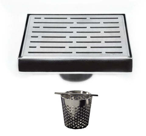 6 Inch Brushed Nickel Square Shower Drain with Hair Trap Set (2 Designs)