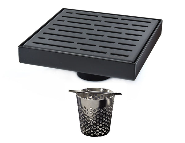 6 Inch Matte Black Square Shower Drain with Hair Trap Set (2 Designs)
