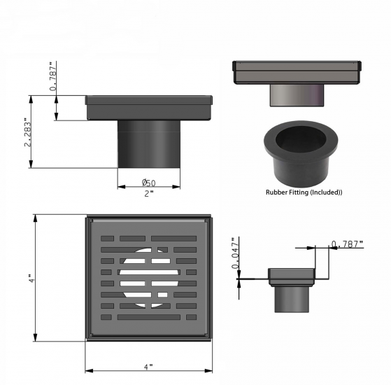 4 Inch Square Shower Drains, Brushed Nickel Broken Lane Design, SereneDrains