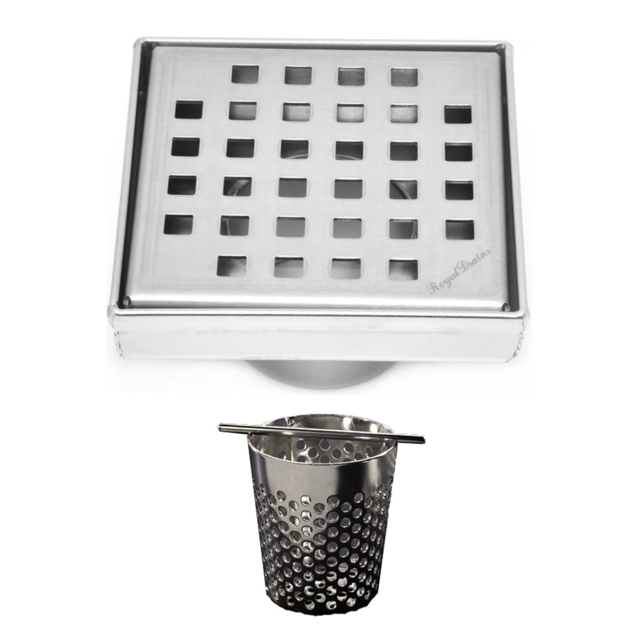 4 Inch Brushed Nickel Square Shower Drain with Hair Trap Set (4 Designs)