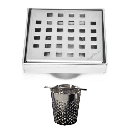 4 Inch Brushed Nickel Square Shower Drain with Hair Trap Set (4 Designs)