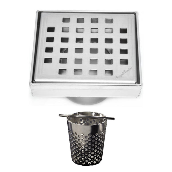 4 Inch Brushed Nickel Square Shower Drain with Hair Trap Set (4 Designs)