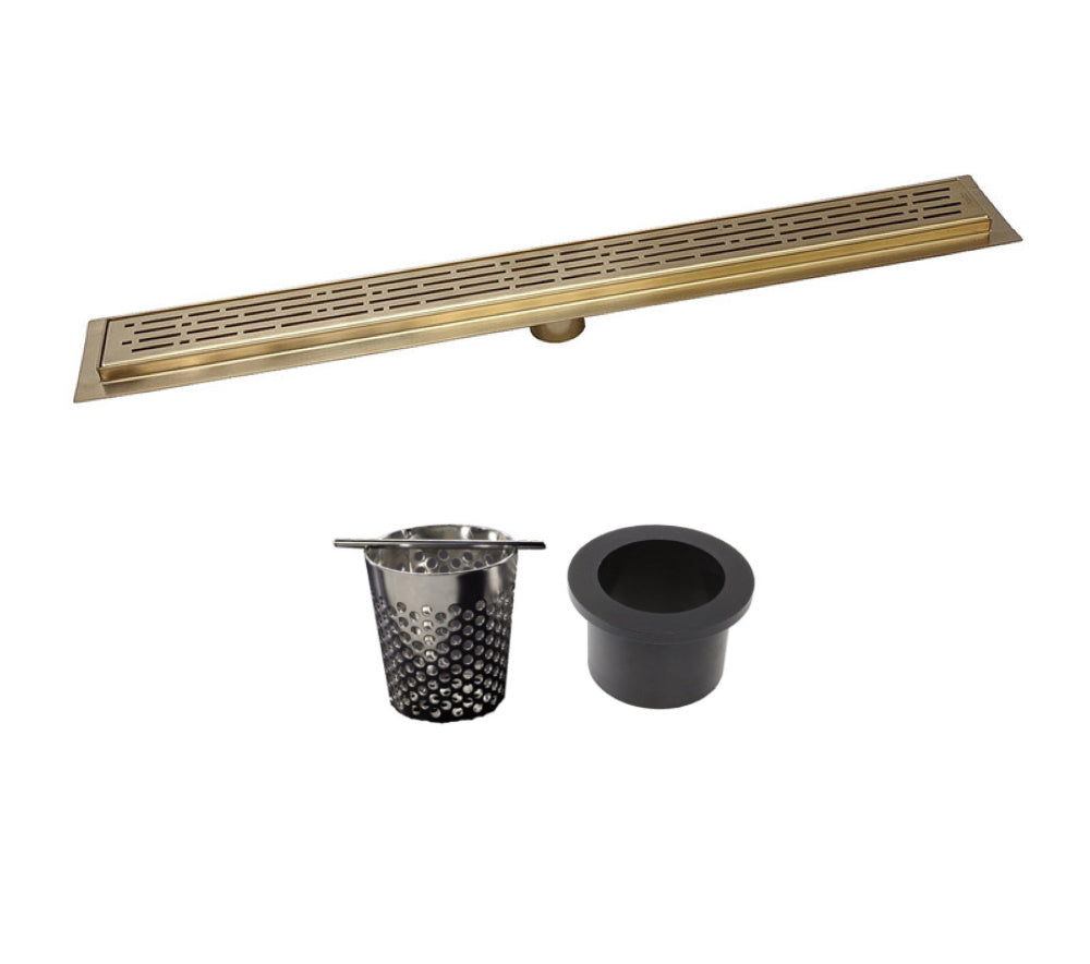 Satin Gold Linear Shower Drain with Free Hair Trap, Broken Lane Design, By SereneDrains