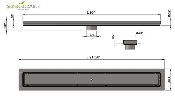 90 Inch Large Linear Shower Drain, Tile Insert Design, Complete Installation Kit