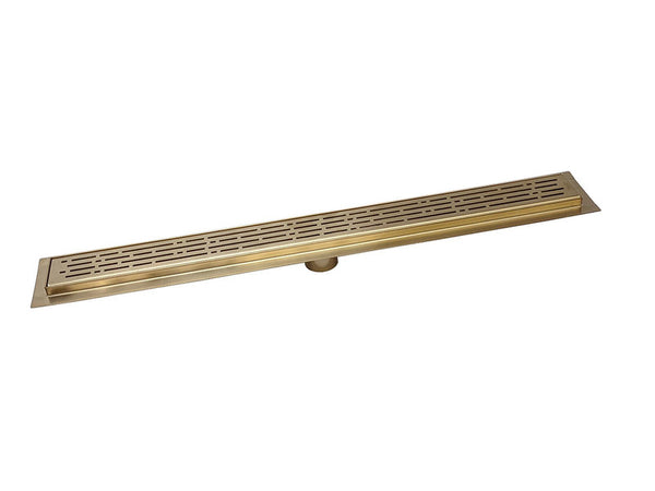 Satin Gold Linear Shower Drain with Free Hair Trap, Broken Lane Design, By SereneDrains