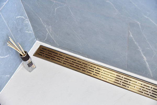 24 Inch Linear Shower Drain Satin Gold Broken Lane Design by SereneDrains