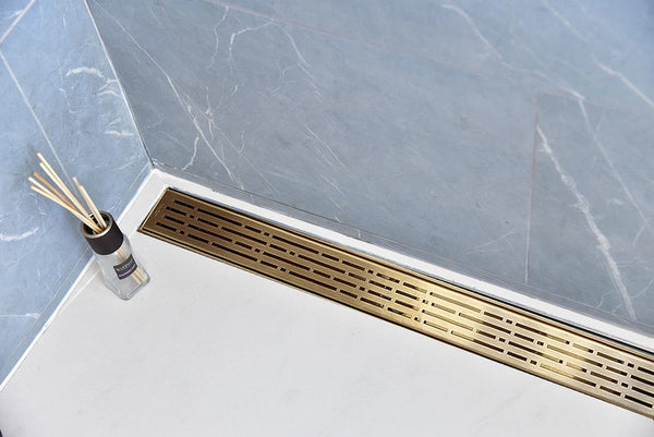 47 Inch Linear Shower Drain Satin Gold Broken Lane Design by SereneDrains