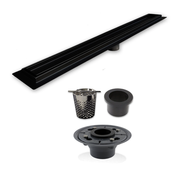 SereneDrains Linear Drain Complete Installation Kit: Matte Black Tile Insert Linear Drain, 2 Inch ABS Shower Drain Base, Hair trap