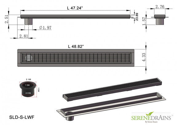 48 Inch Side Outlet Linear Shower Drain by Serene Drains
