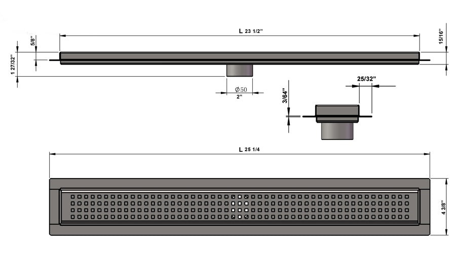 24 Inch Linear Shower Drain, Brushed Finish Traditional Square Design, SereneDrains