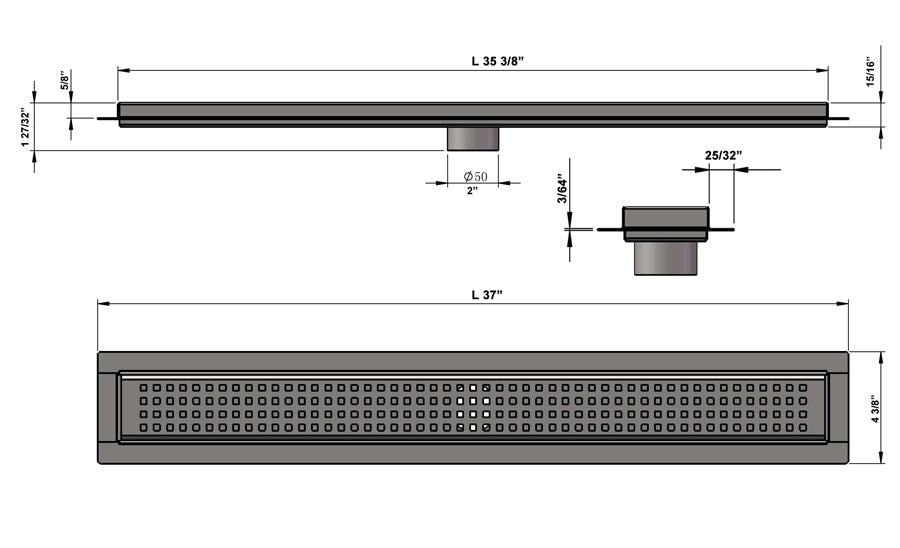 35 Inch Linear Shower Drain, Brushed Finish Traditional Square Design, SereneDrains