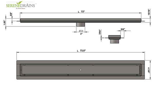 72 Inch Large Linear Shower Drain, Tile Insert Design, Complete Installation Kit