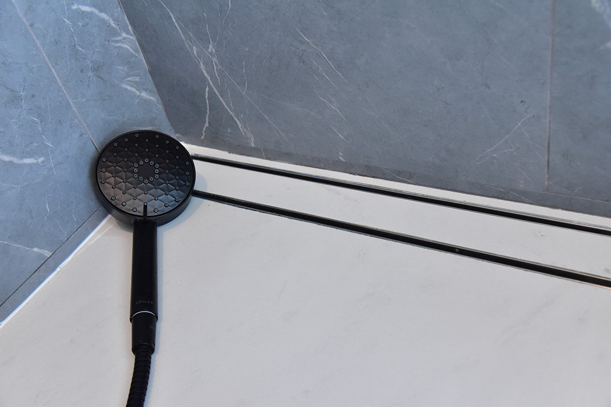 Matte Black Tile Insert Linear Shower Drain with Free Hair Trap by SereneDrains