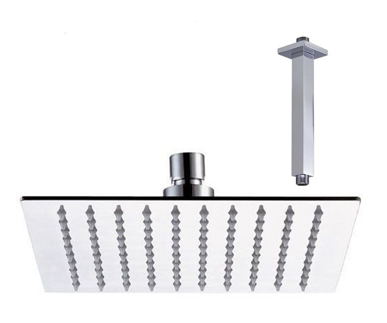 10 Inch Polished Chrome Thin Square Rain Shower Head with Ceiling Mount Shower Arm