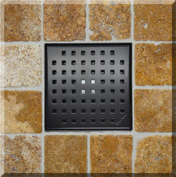 6 Inch Matte Black Square Shower Drain with Hair Trap Set (2 Designs)
