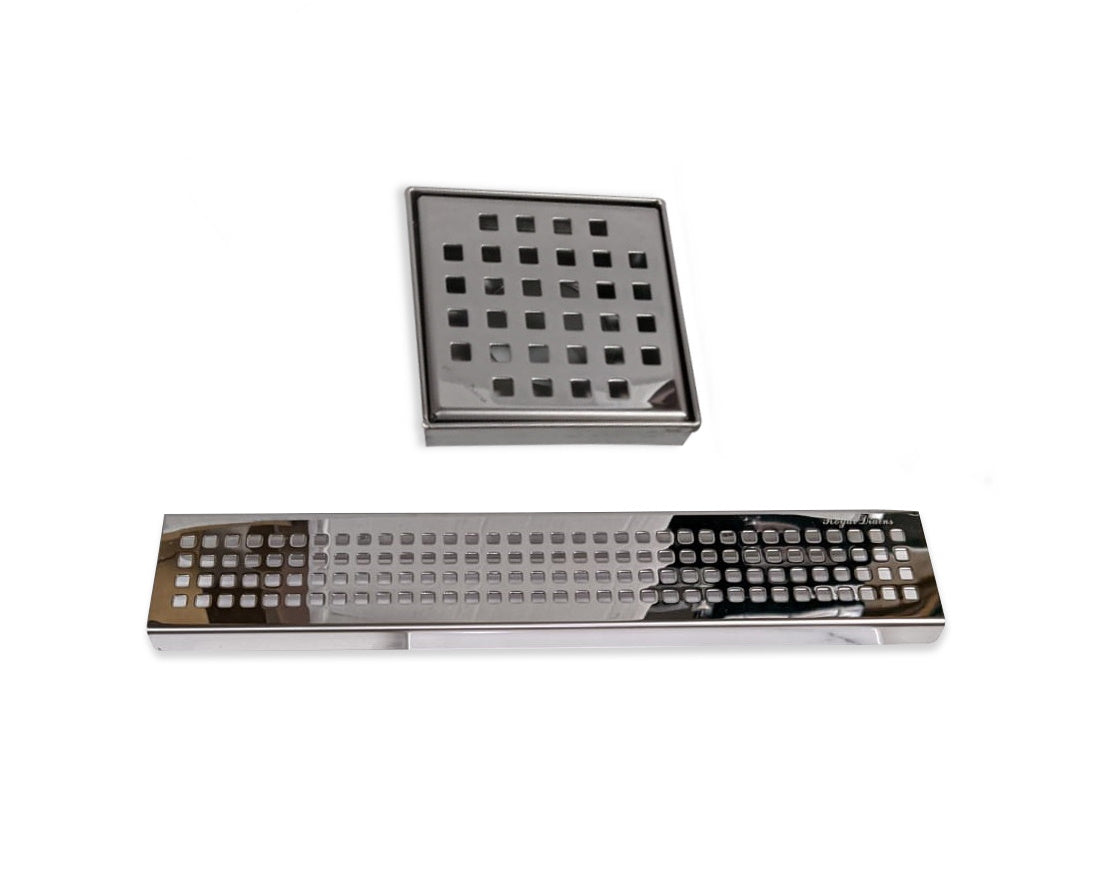 Shower Set: 4 Inch Polished Chrome Square Shower Drain With Shower Shelf