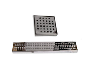 Shower Set: 4 Inch Polished Chrome Square Shower Drain With Shower Shelf