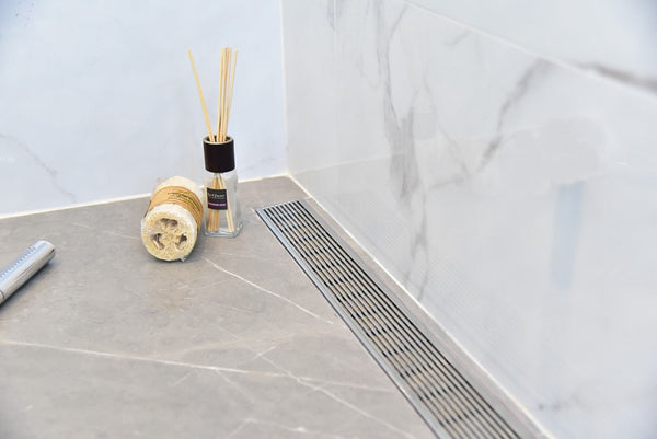 59 Inch Linear Shower Drain Brushed Nickel Linear Wedge Design by SereneDrains