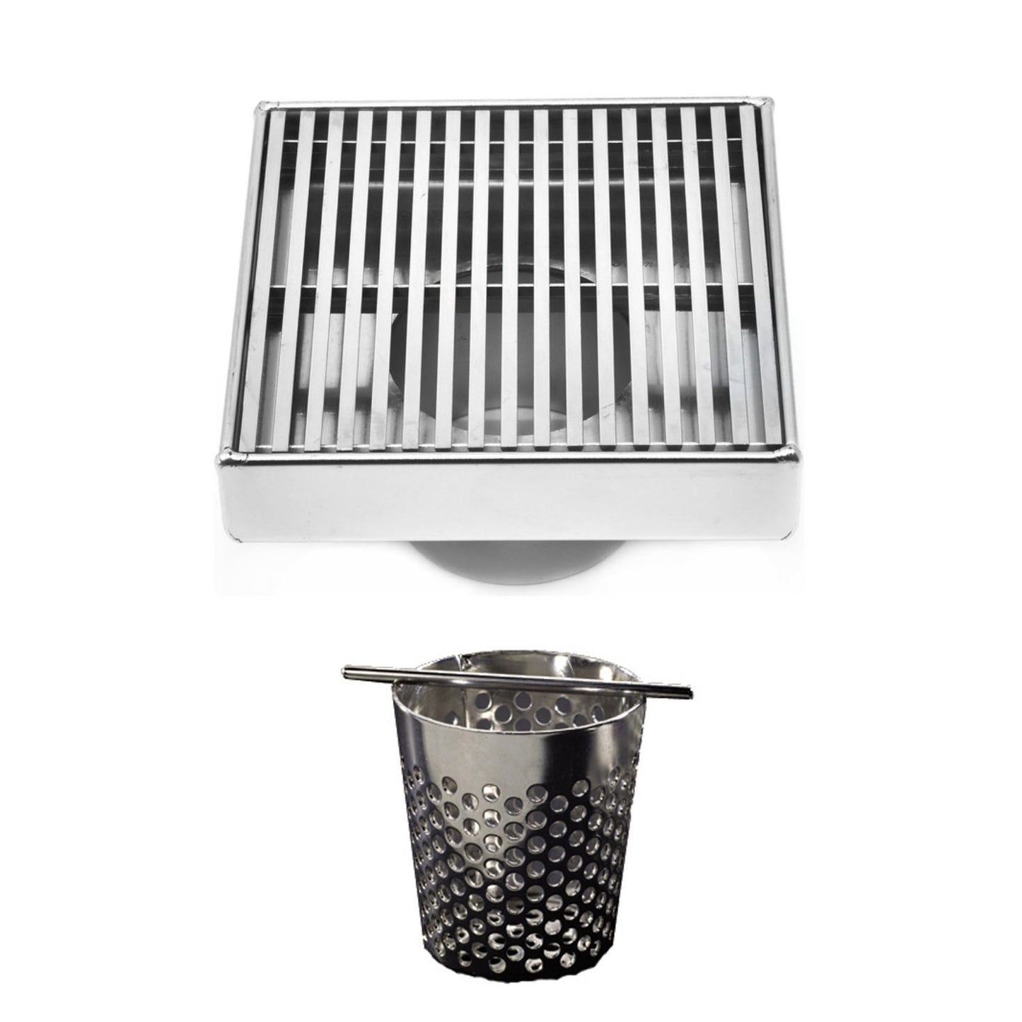 4 Inch Polished Chrome Square Shower Drain with Hair Trap Set (4 Designs)